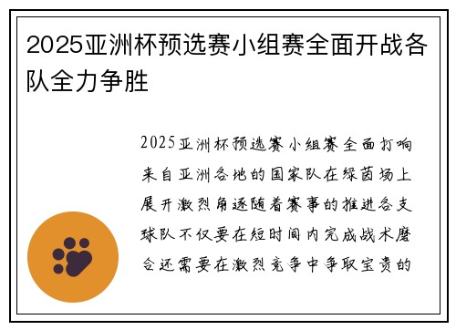 2025亚洲杯预选赛小组赛全面开战各队全力争胜